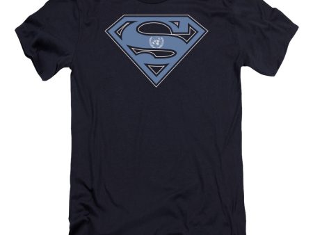 SUPERMAN : U N SHIELD PREMIUM CANVAS ADULT SLIM FIT T-SHIRT 30\1 NAVY MD Online now