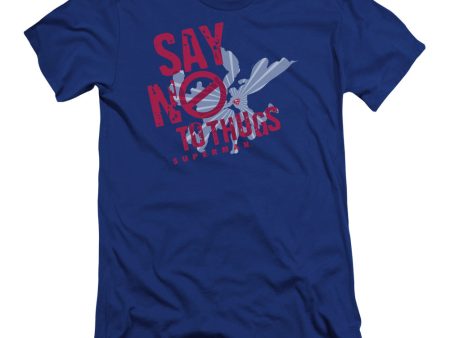 SUPERMAN : SAY NO TO THUGS PREMIUM CANVAS ADULT SLIM FIT T-SHIRT 30\1 ROYAL BLUE SM For Sale