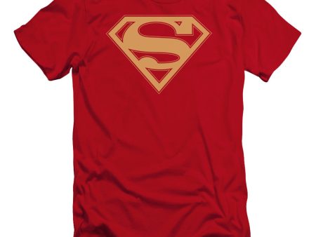 SUPERMAN : RED AND GOLD SHIELD PREMIUM CANVAS ADULT SLIM FIT T-SHIRT 30\1 RED SM on Sale