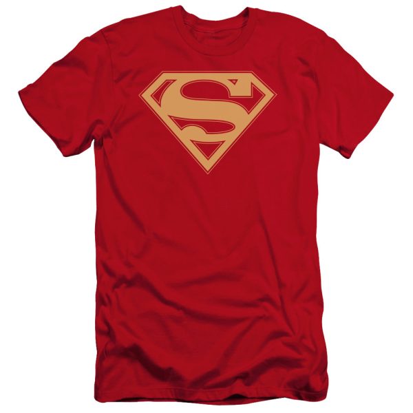 SUPERMAN : RED AND GOLD SHIELD PREMIUM CANVAS ADULT SLIM FIT T-SHIRT 30\1 RED SM on Sale