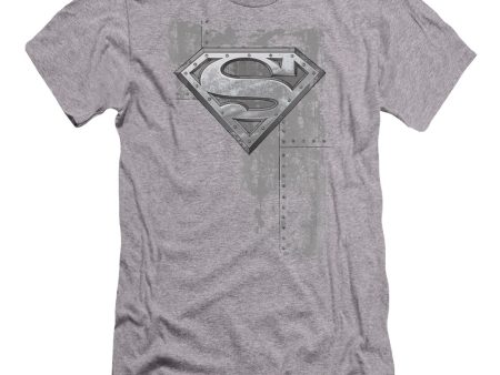 SUPERMAN : RIVETED METAL PREMIUM CANVAS ADULT SLIM FIT T-SHIRT 30\1 ATHLETIC HEATHER SM For Cheap