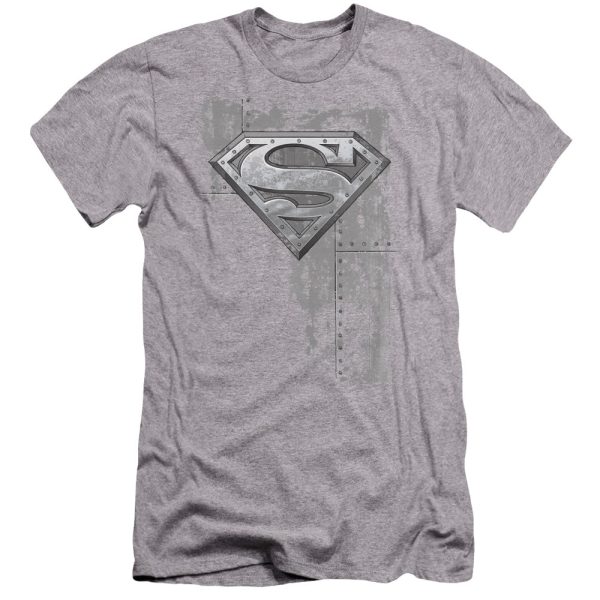 SUPERMAN : RIVETED METAL PREMIUM CANVAS ADULT SLIM FIT T-SHIRT 30\1 ATHLETIC HEATHER SM For Cheap