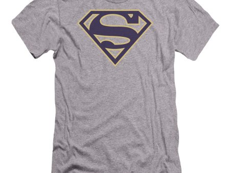 SUPERMAN : NAVY AND GOLD SHIELD PREMIUM CANVAS ADULT SLIM FIT T-SHIRT 30\1 ATHLETIC HEATHER SM Online Hot Sale