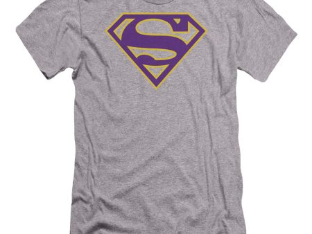 SUPERMAN : PURPLE AND GOLD SHIELD PREMIUM CANVAS ADULT SLIM FIT T-SHIRT 30\1 ATHLETIC HEATHER XL on Sale