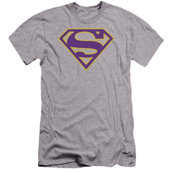 SUPERMAN : PURPLE AND GOLD SHIELD PREMIUM CANVAS ADULT SLIM FIT T-SHIRT 30\1 ATHLETIC HEATHER XL on Sale