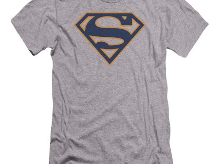 SUPERMAN : NAVY AND ORANGE SHIELD PREMIUM CANVAS ADULT SLIM FIT T-SHIRT 30\1 ATHLETIC HEATHER SM on Sale